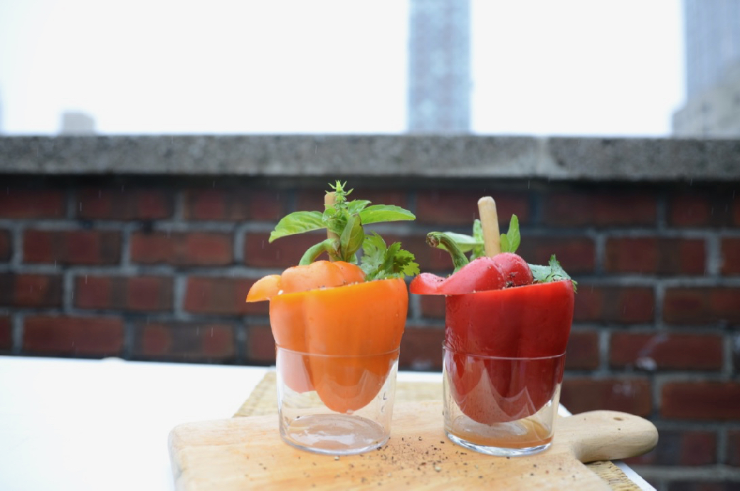 side view of my bloody mary served in a bell pepper